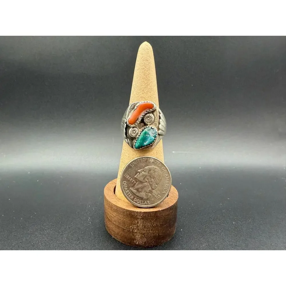 Vintage Native American Turquoise & Coral Ring Size 9 Sterling Silver Men’s Ring